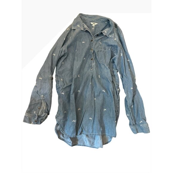Sonoma Womens Medium Blue Chambray Button-Up Shirt Dragonfly Print Cottage - Picture 1 of 4